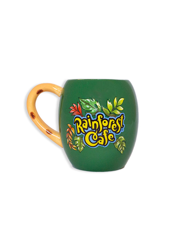 Back of Rainforest Cafe Maya Coffee Mug with Rainforest Cafe logo painted in yellow.