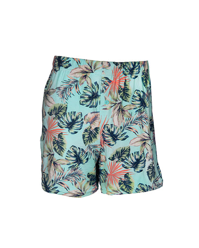 Seafoam-colored PJ boxers with matching colored buttons and colorful palm leaves pattern.