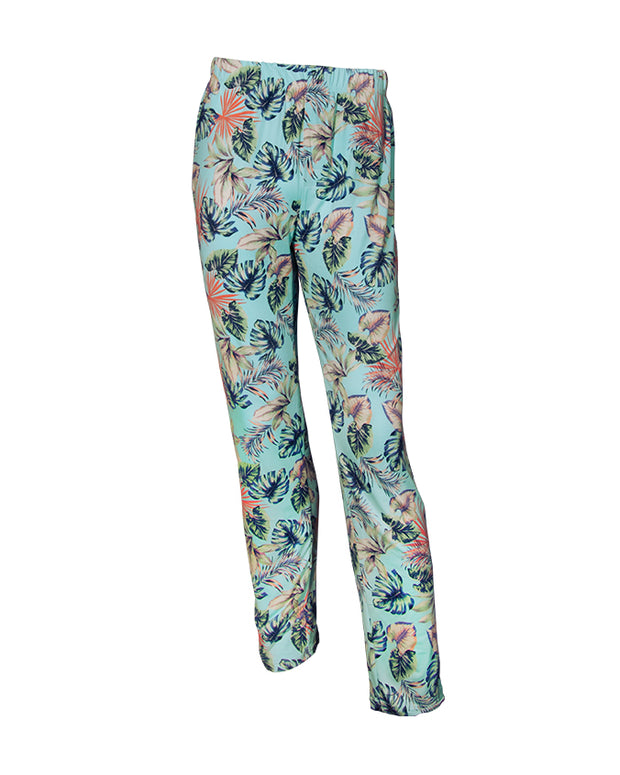 Seafoam colored PJ pants with colorful palm leaves patterns .