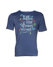 Navy blue tee that says "Follow Your Dreams, Take Naps" in light blue cursive and colored tree palms.