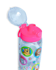 Opened Rainforest Cafe Pink Character Water Bottle with a pink and clear push-button lid.