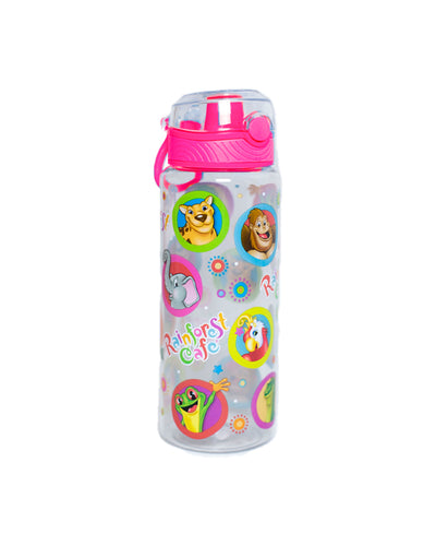 Clear water bottle with pink push-button lid that can hold 23 fluid ounces and has Rainforest Cafe characters as bottle design.