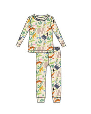 Graphic fashion design of cream-colored cotton PJ set with cartoon Rainforest Cafe characters patterned fabric and soft ribbed cuffs.