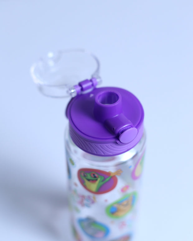 Opened Rainforest Cafe Purple Character Water Bottle with a purple and clear push-button lid.