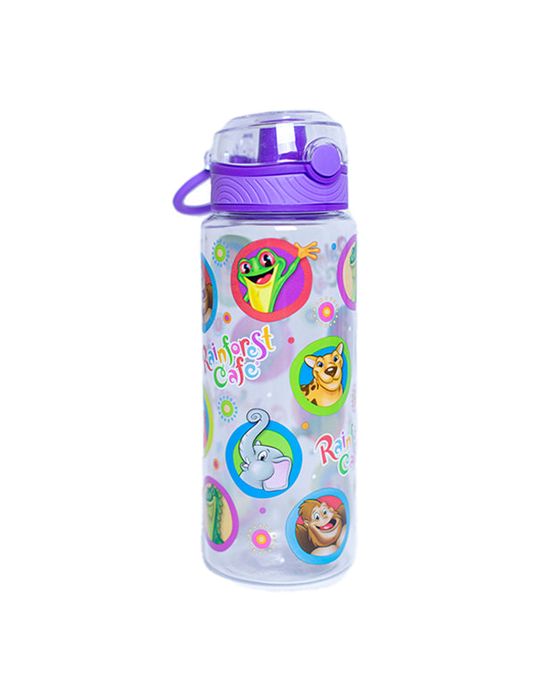 Clear water bottle with purple push-button lid that can hold 23 fluid ounces and has Rainforest Cafe characters as bottle design.