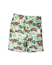 White shorts with pattern of sloth hanging off of branch and jungle palms.