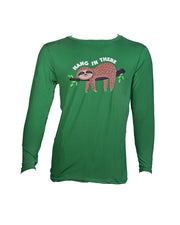 Green long-sleeve tee with cartoon sloth laying on branch along with words "Hang In There" in white.