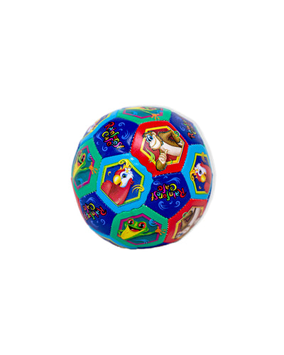 Multicolored soccer ball with cartoon Rainforest Cafe characters printed in vibrant colors.