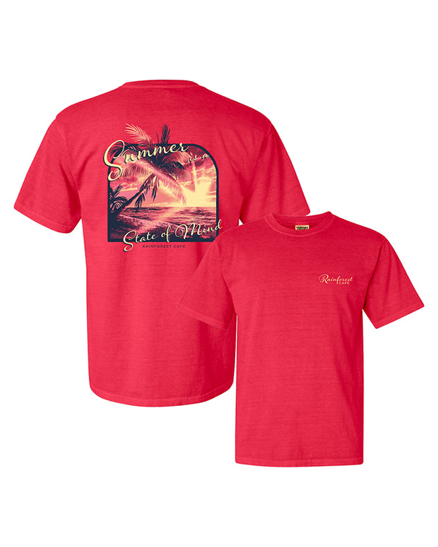watermelon colored tee. Front left side has a small Rainforest Cafe logo. Back graphic shows a beach sunset with palm trees and reads "Summer is a State of Mind"