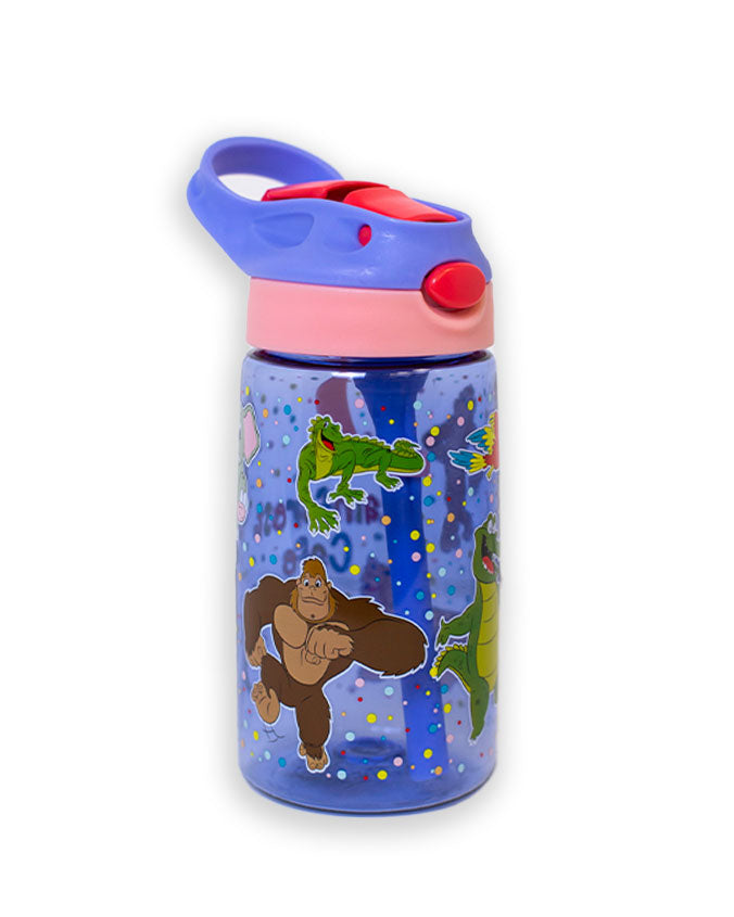 Pink and purple push-button lid with built-in straw and Rainforest Cafe characters print design.