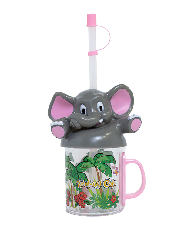 Clear mug with pink handle, iconic tropical Rainforest Cafe design, Tuki the Elephant head as lid, and a clear straw with a pink cap. 