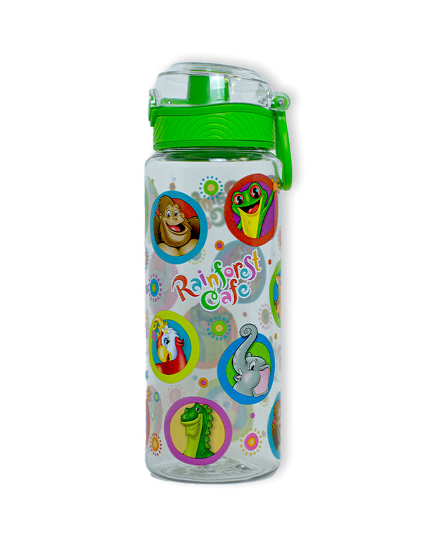 Clear and green push-button lid and Rainforest Cafe characters print design.