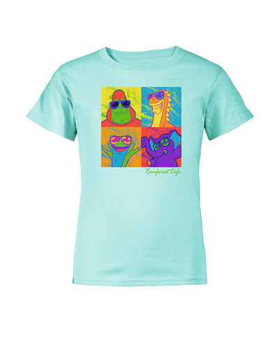 Light blue tee with Rainforest Cafe characters in sunglasses and neon colors.