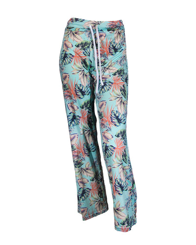 Mint-colored pants with white drawstring and colored jungle palm pattern.
