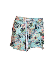 Mint-colored shorts with drawstring that have jungle palm pattern.