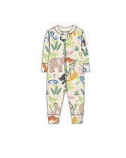 Graphic fashion design of tagless, cream-colored, cotton PJ set with cartoon Rainforest Cafe characters patterned fabric and soft ribbed cuffs.
