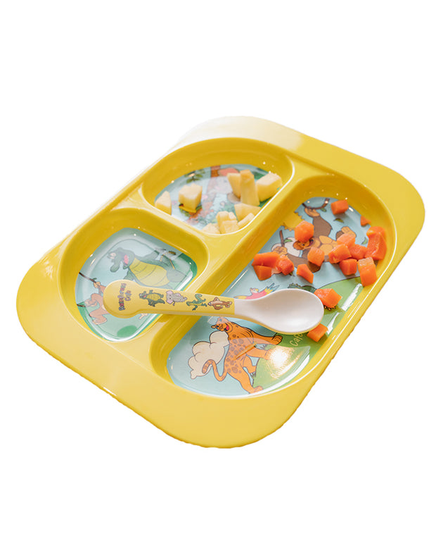 Yellow divded plate with pattern of Rainforest Cafe characters and a matching yellow spoon.