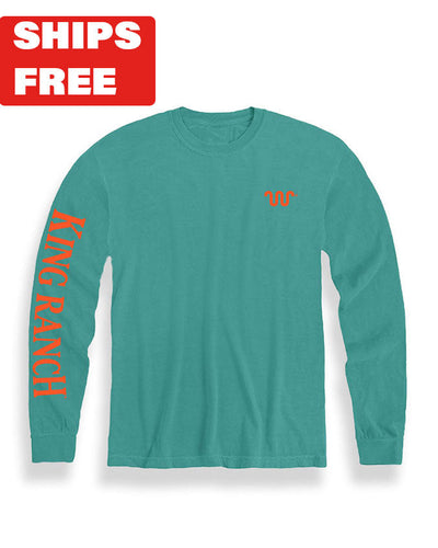 Teal long sleeve shirt with orange King Ranch branding on right sleeve and left chest area and red "Ships Free" tag in top corner.