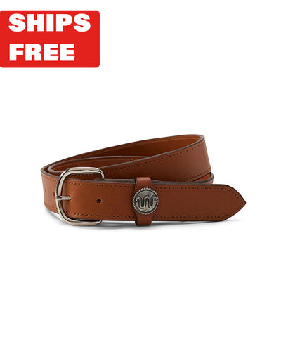 Light brown leather belt with King Ranch branding rolled up in front of white background with red "Ships Free" tag in corner.
