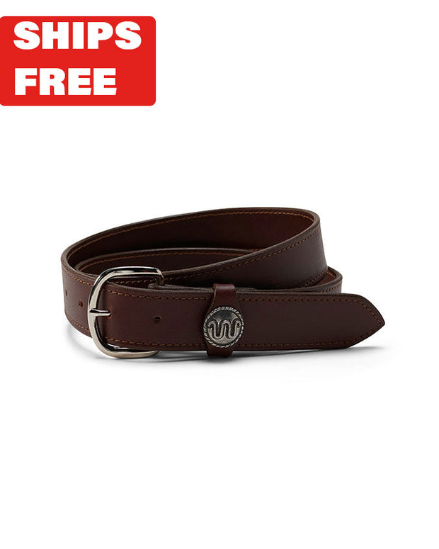 Brown leather belt with King Ranch branding rolled up in front of white background with red "Ships Free" tag in corner.