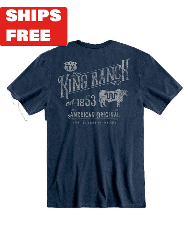 Navy blue shirt containing King Ranch logo and has "Est. 1853 American Original Over 150 Years of Ranching" in grey font with cow silhoutte with