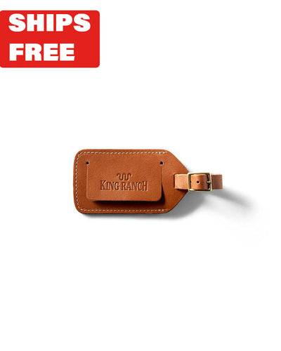 "Ship Free" text on the top right of the paige. King Ranch Luggage Tag, Classic Logo, Leather material, color Rio Docil (a light tan).