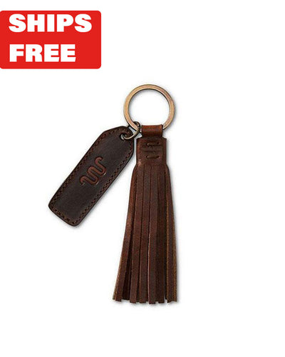 "SHIPS FREE" text on top of the image on the right side. King Ranch Short Leather Tassel Key Chain, Split Key Ring. brown leather keychain with a tassel design and a metal ring. Attached to the keychain is a small leather tag embossed with the King Ranch logo on a white background.