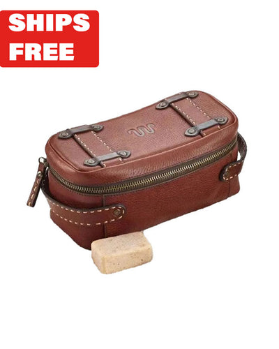 Brown leather dopp kit with buckle accents and King Ranch logo on top and red "Ships Free" tag in top corner.
