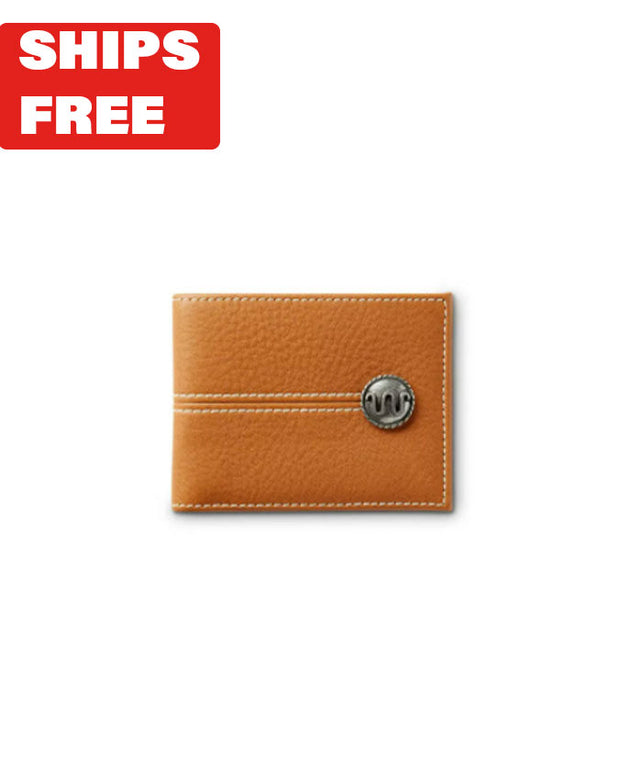Light brown leather wallet with King Ranch silver button in front of white background with red "Ships Free" tag in corner.