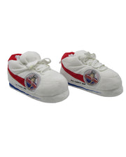 White slippers designed to look like running shoes with shoelaces and the Bubba Gump logo on the side.