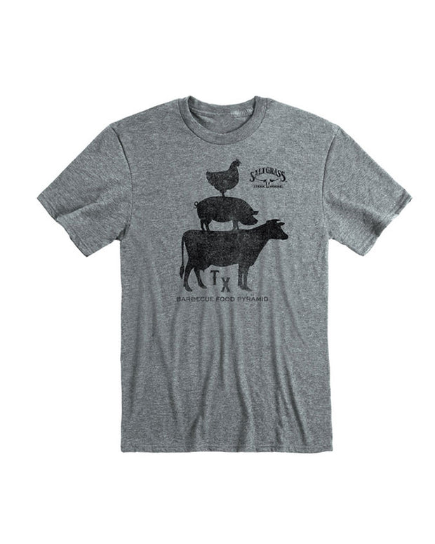 Graphite cotton tee with silhouettes of cow, pig, and chicken standing on top in a pyramid.
