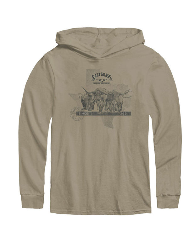 Khaki hoodie with herd of longhorn, Texas, and Saltgrass graphics.