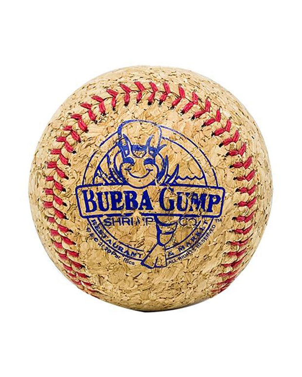 Bubba Gump Baseball made out of cork with classic logo in blue. Baseball stitching in color red.