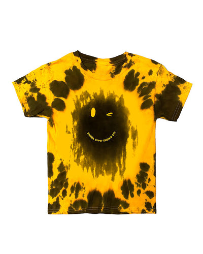 Gold tie dye preshrunk cotton tee with a winking smiley face in the middle.