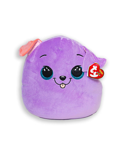 Purple puppy plush with pink and purple floppy ears, blue sparkling eyes, and a smiling face.