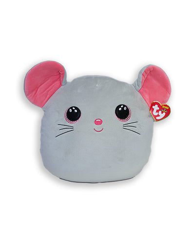 Grey mouse plush with a pink nose, ears, and eyes.