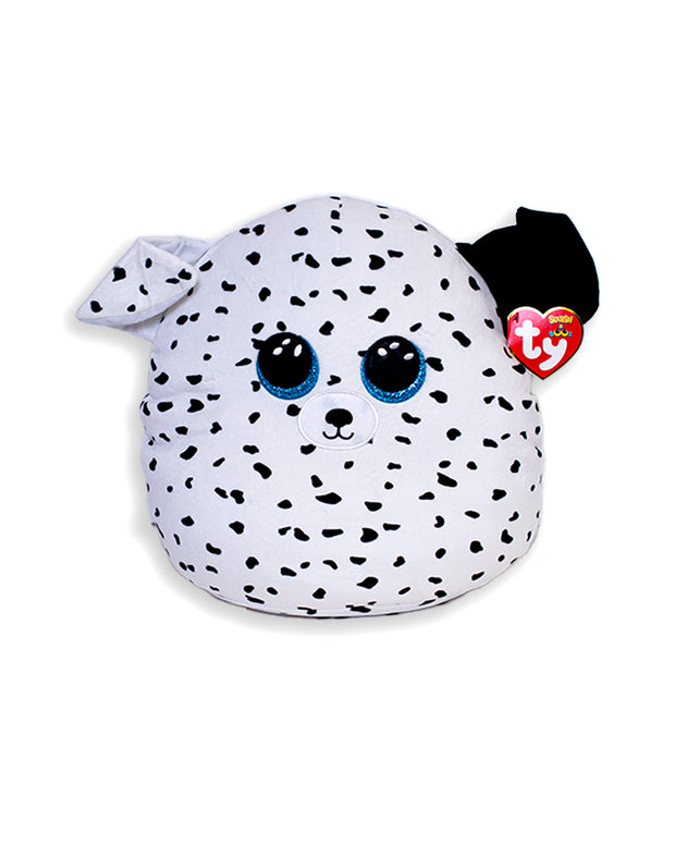 Black and white dog plush with black and white ears and sparkly blue eyes.