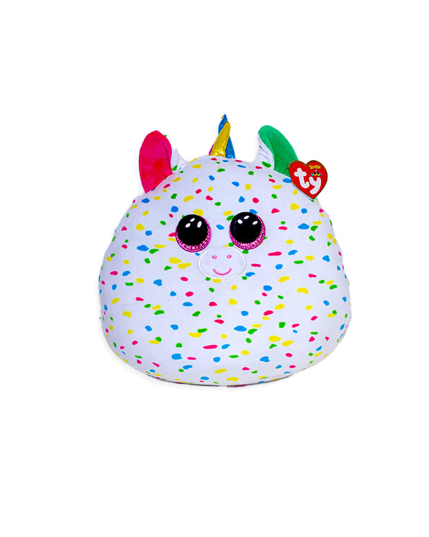 White with multicolored specks unicorn plush with pink glittery eyes, multicolored horn, and pink and green ears.