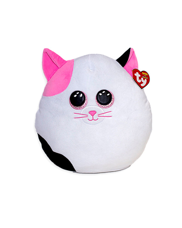 White, black, and pink cat plush with pink sparkly eyes and whiskers and pointy ears.