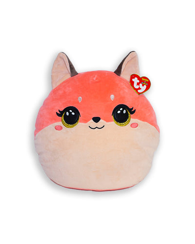 Coral and soft pink fox plush with pointy ears and gold shimmering eyes.
