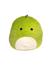 Lime green dinosaur Squishmallow with dark green spikes, smiling face, and white stomach.