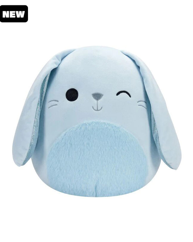 Light blue bunny Squishmallow with floppy ears, a winking smiley face, fluffy stomach, and black "New" tag in top corner.