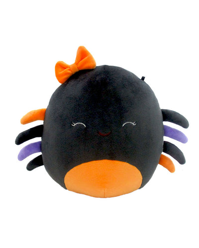 A plush toy spider with a round, black body and a smiley face, featuring closed eyes, eight legs with purple tips and orange bases, and an orange bow on its head.