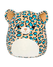 Tan and blue leopard Squishmallow with tan pointy ears, tan nose/mouth, and white stomach.