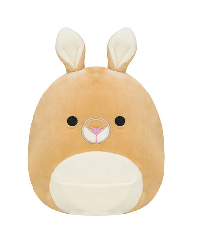 Light brown kangaroo Squishmallow with a white stomach, pink nose, and pointy ears.