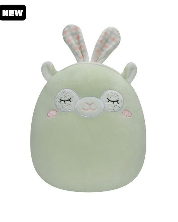 Mint llama Squishmallow with closed eyes wearing pastel plaid bunny ears and has black "new" tag in top corner.
