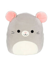 Grey mouse Squishmallow with pink ears, white stomach, whiskers, and pink nose.