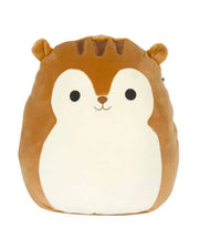 Brown squirrel Squishmallow with tiny brown ears, white torso, brown nose, and brown stripes.