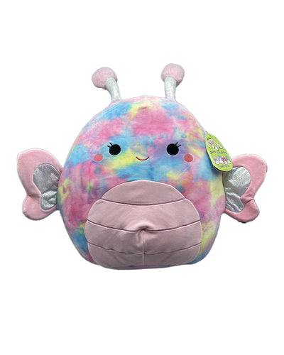 Pastel tie dye butterfly Squishmallow with pink and silver wings, antennae, and pink stomach.