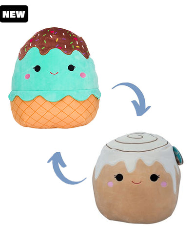 Maya the Mint Ice Cream Squishmallow flips to become Chanel the Cinnamon Roll Squishmallow with black "New" tag in top corner.